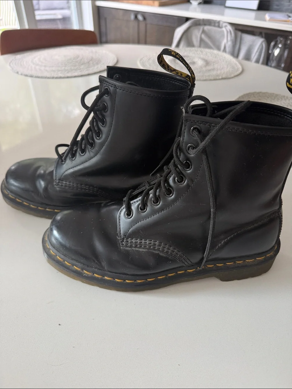 Dr. Martens Black Leather 8-Eye Lace-Up Boots with Yellow Stitching